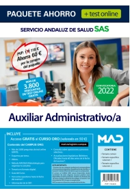 Coberta de Paquete Ahorro + TEST ONLINE Auxiliar Administrativo/a Servicio Andaluz de Salud. Ahorra 60 (incluye en papel: Temario común; Temario específico 1 y 2; y acceso gratis al Curso Oro con test onli